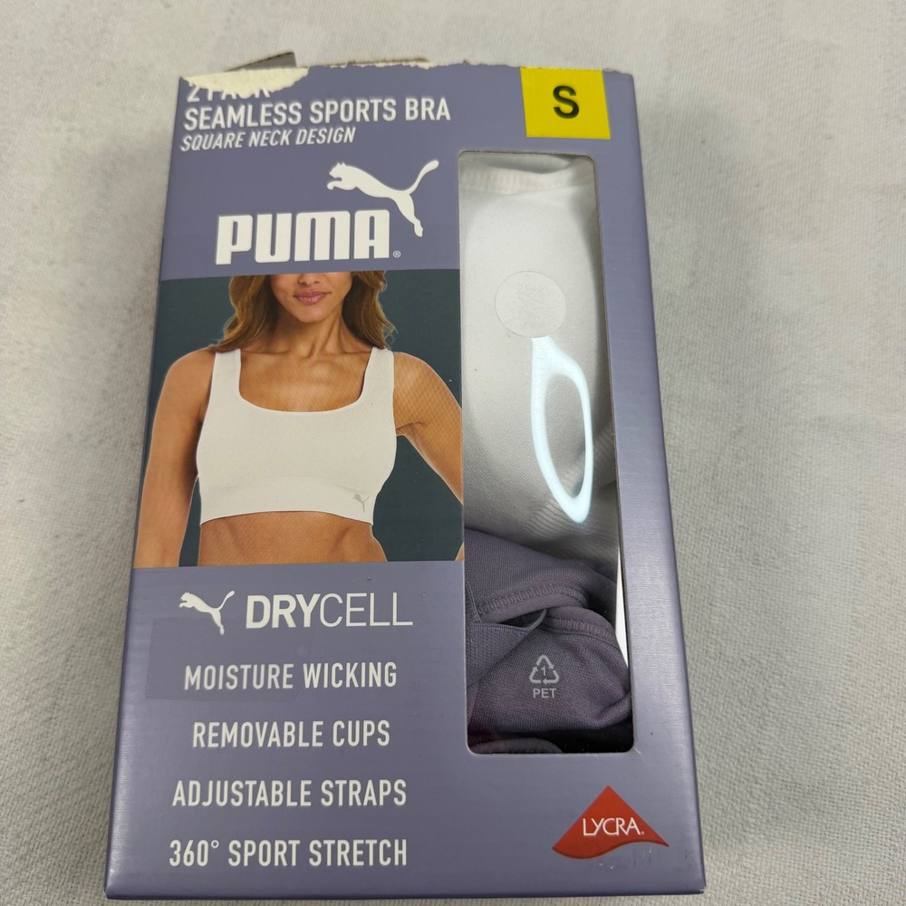 Puma 2 Pack Square Neck Seamless Sports Bra DryCell White Purple Small